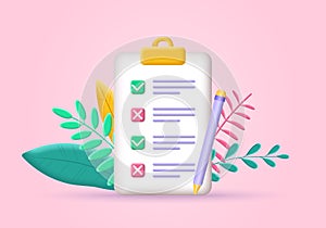 Checklist on clipboard. 3d check list icon. Paper, document with note or task.
